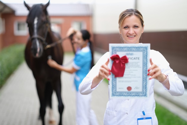 Un vétérinaire procède à un examen médical d'un cheval de sport en gros plan