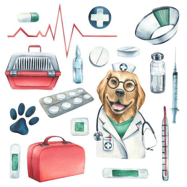 Vétérinaire sertie de médecin chien transporteur d'animaux de compagnie médicaments illustration aquarelle dessinés à la main