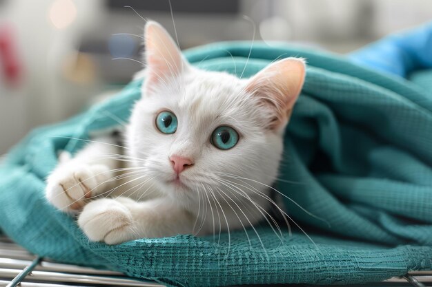 Photo un vétérinaire soigne un chat blanc blessé.