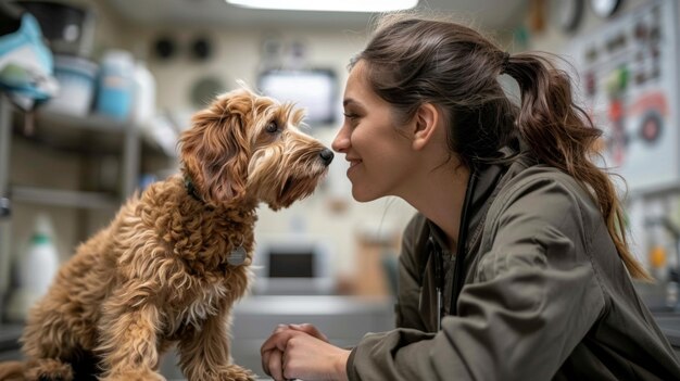 Vétérinaire souriant avec un chien heureux dans une clinique