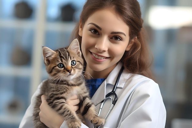 vétérinaire souriant tenant un chat mignon dans les mains et regardant la caméra dans une clinique pour animaux de compagnie