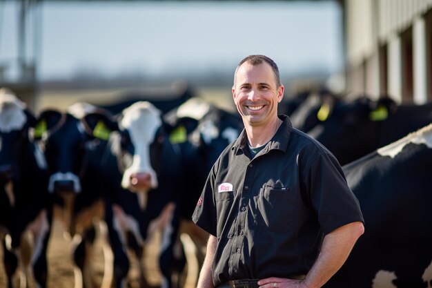 Photo un vétérinaire sourit devant des vaches génératives par ai