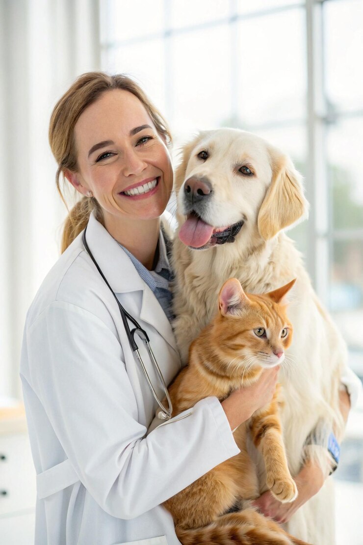 Photo vétérinaire sympathique avec golden retriever et chat gingembre portrait de clinique professionnelle de soins pour animaux de compagnie