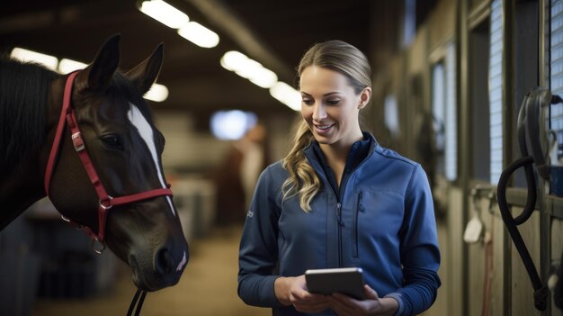 Un vétérinaire avec une tablette se tient à côté d'un cheval à l'arrière-plan d'un décrochage Créé avec la technologie Generative AI