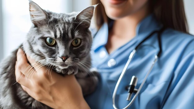 Une vétérinaire tient un chat malade en gros plan Diagnostic des animaux de compagnie concept de clinique de santé