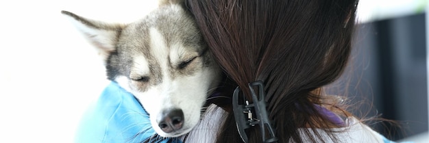 Le vétérinaire tient un mignon chien husky endormi dans les bras