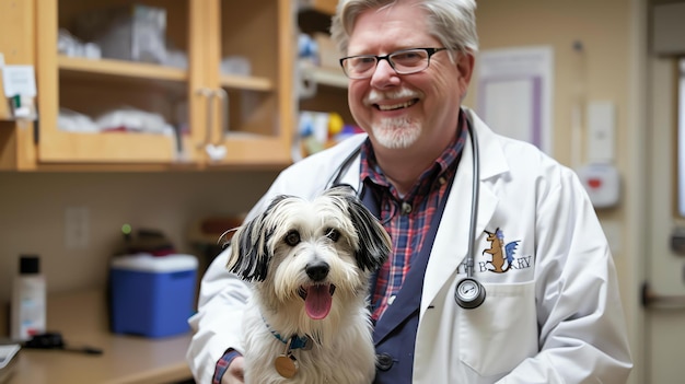 Un vétérinaire tient un petit chien dans ses bras, le chien sourit et le vétérinaires regarde la caméra, ils portent tous les deux des manteaux blancs.