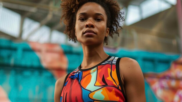 Photo vêtue d'une robe de jersey ajustée avec des impressions graphiques audacieuses, une femme noire déterminée marche