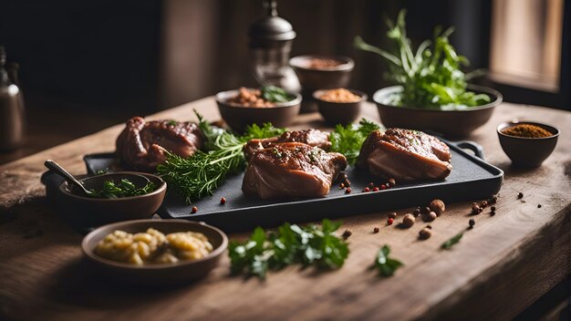 Photo viande d'agneau crue avec des épices et des herbes sur une table en bois.