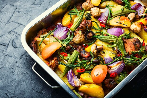 Viande au four avec pommes de terre, pommes, champignons et gombo. Viande rôtie avec légumes.