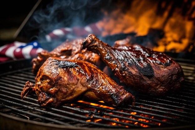 Viande barbecue grillée fond sombre feu de fumée Steaks de boeuf sur le gril avec flammes Génération AI