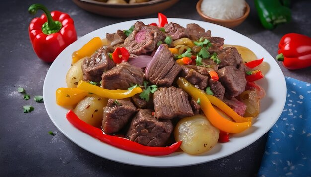 Viande de bœuf frite à l'huile avec des pommes de terre, des oignons, des poivrons