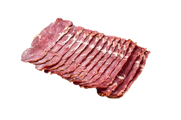 Viande de boeuf pastrami bacon turc isolé sur fond blanc