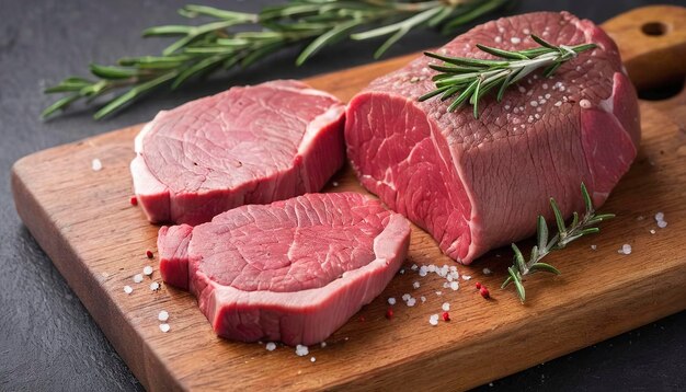 Viande bovine crue Steak de filet de bœuf cru sur une planche à couper avec du sel au poivre de romarin