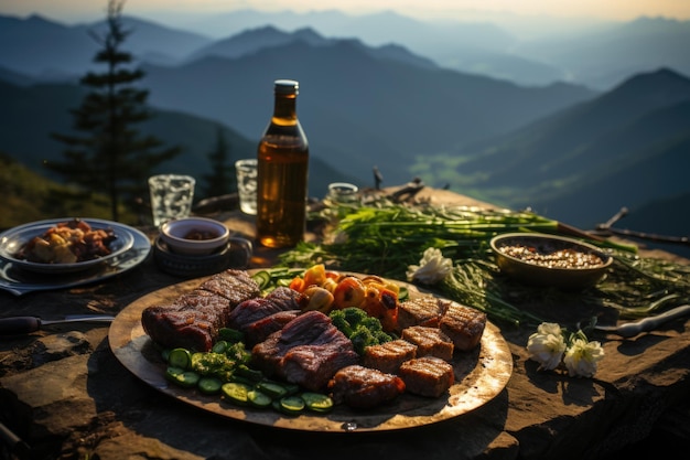 Viande de buffle grillée paysage montagneux et un pique-nique au sommet d'une colline générative IA