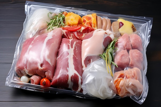 Viande congelée et produits de viande congelée emballés en plastique dans le congélateur