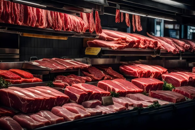 Viande crue fraîche chez le boucher Gros plan de viande en magasin