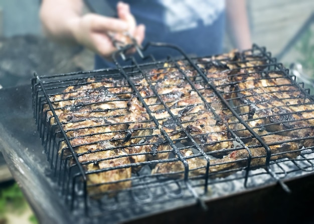 La viande cuit sur des charbons ardents dans la fumée Pique-nique dans la nature Le porc est frit sur le gril