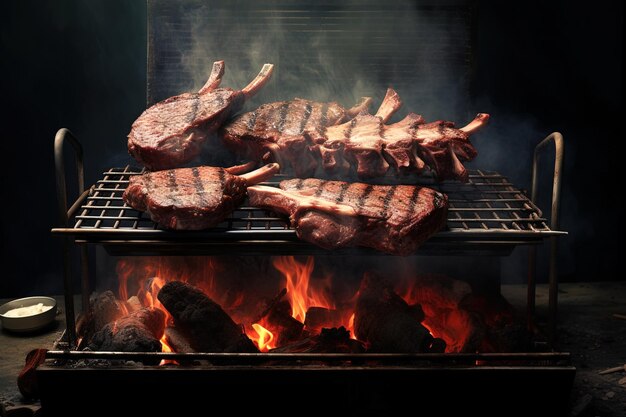 la viande cuite sur un gril avec un feu en arrière-plan