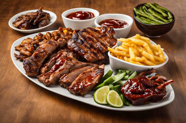 Photo de la viande délicieuse avec des frites, de la salade et de la sauce fraîche.