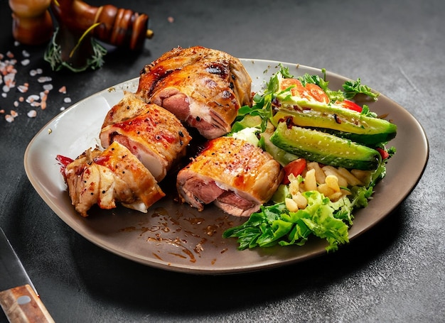 Viande délicieuse avec poulets Boti vert sur surface sombre