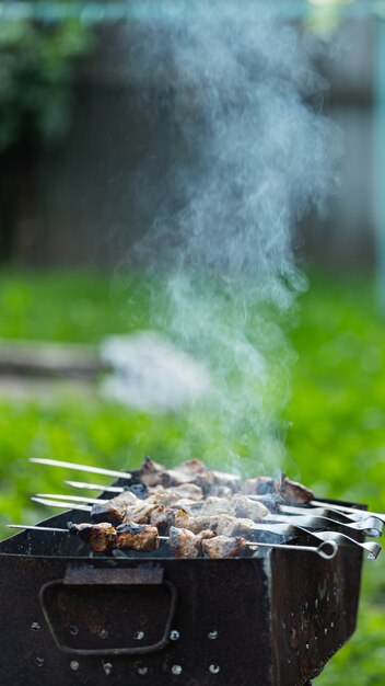 La viande est frite sur des brochettes sur le mangal. Viande de barbecue sur des brochettes en fumée. Kebab grillé cuisson dans une maison de campagne. Espace de copie