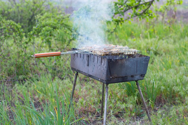 La viande est frite sur une grille sur le gril