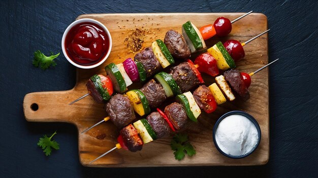 Viande fraîche cuite à la maison sur le gril, viande de bœuf, shish kebab avec des légumes et des épices au barbecue