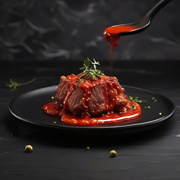 viande frite marbrée avec sauce rouge versée sur une assiette noire