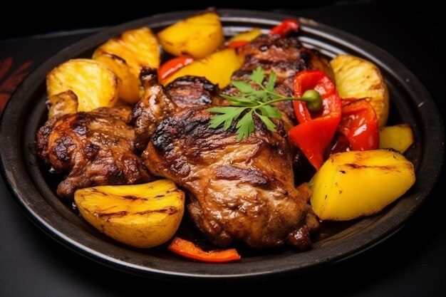 Viande frite avec des pommes de terre et du poivre sur la table.