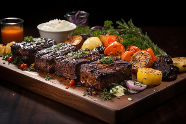 Viande frite avec pommes de terre et légumes sur planche de bois