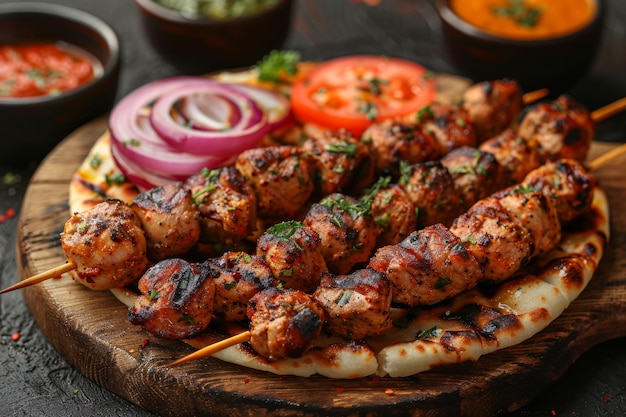 Viande frite shish kebab sur un gril sur une brochette une délicatesse savoureuse mais pas saine avec des légumes grillés et du pain pita du four steak de porc