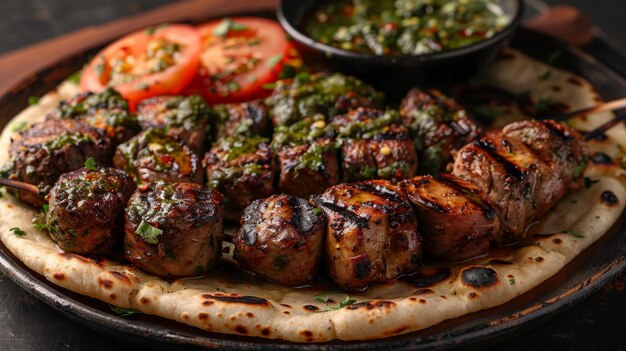 Viande frite shish kebab sur un gril sur une brochette une délicatesse savoureuse mais pas saine avec des légumes grillés et du pain pita du four steak de porc