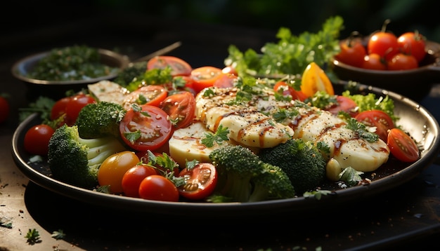 Viande gastronomique grillée et salade de légumes sur une assiette en bois générée par l'intelligence artificielle