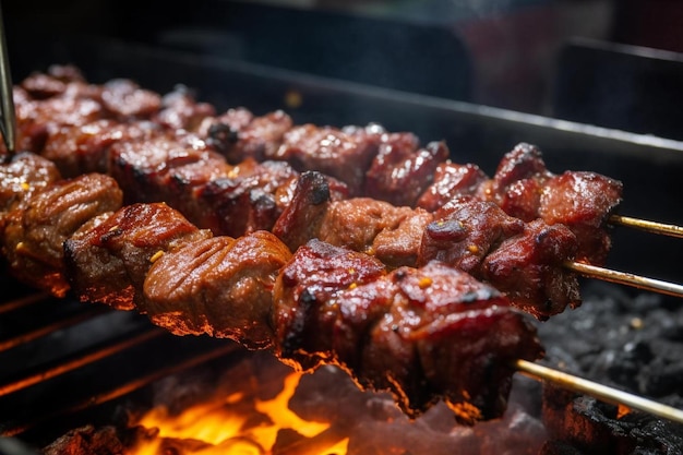 viande sur un gril avec un feu en arrière-plan