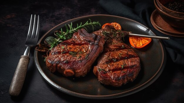 Viande grillée assortie d'herbes et de pommes de terre sur une grande assiette