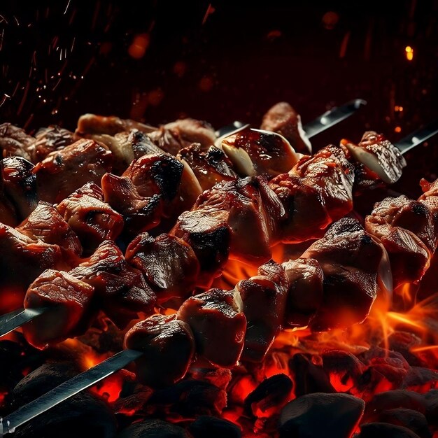 Une viande grillée sur des brochettes est allongée sur un barbecue avec des charbons ardents et des langues de flamme par Ai