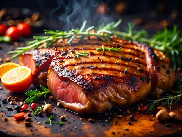 Viande grillée avec des épices et des herbes