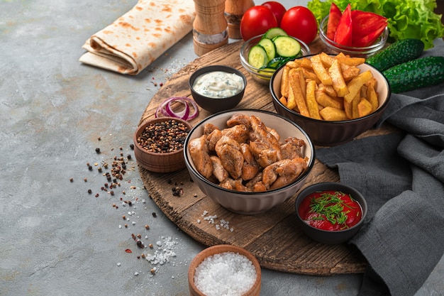 Viande grillée, frites et légumes sur un mur gris. Déjeuner, ingrédients pour faire shawarma, burrito.