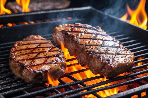 De la viande grillée juteuse au feu.