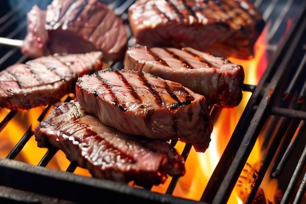 De la viande grillée juteuse au feu.