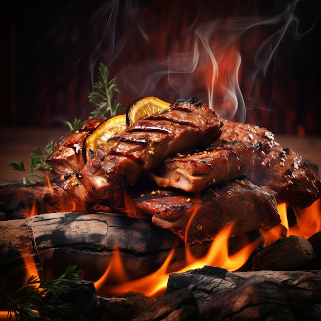 De la viande grillée juteuse au feu.