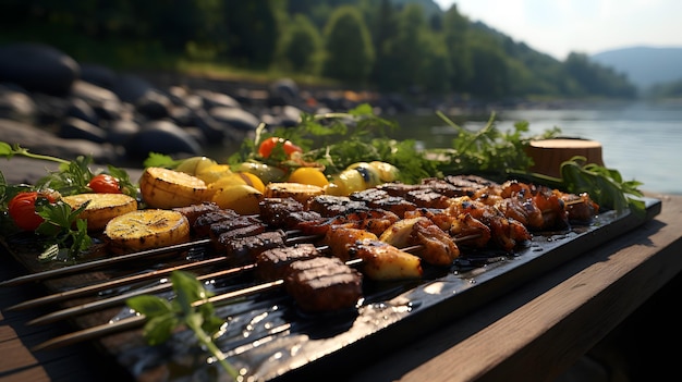 Viande grillée avec des légumes et du vin sur le fond de la rivière Dîner de luxe à côté du lac