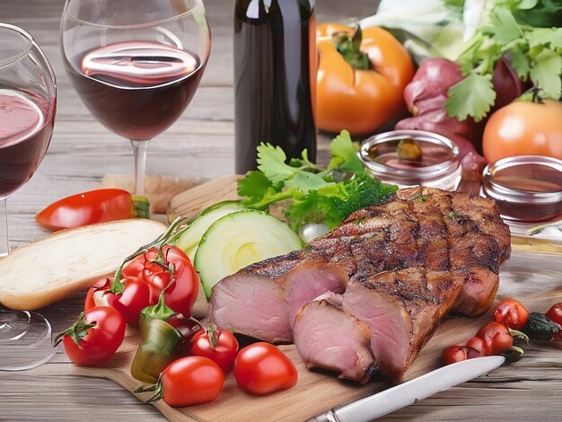 De la viande grillée, des légumes frais et du vin sur une table rustique.
