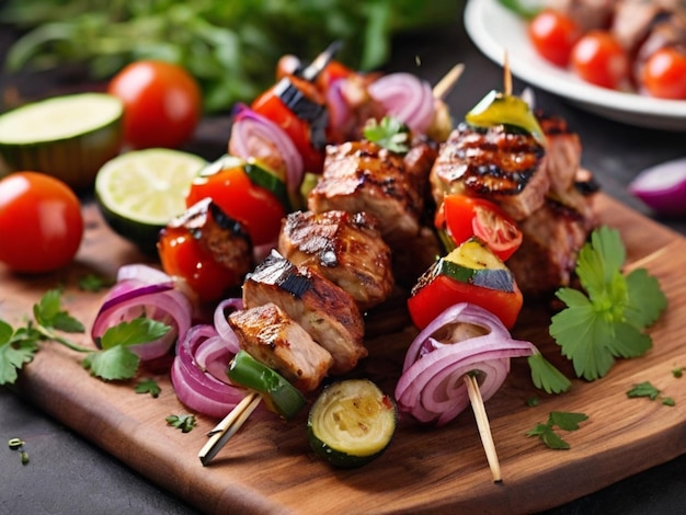 viande grillée avec des légumes et des légumes grillés sur une planche de bois