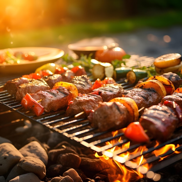 Viande grillée avec des pommes de terre et de la bière sur une table en bois au coucher du soleil Barbecue avec une nourriture délicieuse