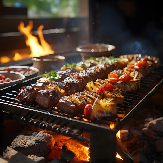 Viande grillée avec des pommes de terre et de la bière sur une table en bois au coucher du soleil Barbecue avec une nourriture délicieuse