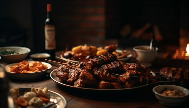 Photo de la viande grillée sur une table rustique prête à manger célébration de l'été générée par l'intelligence artificielle