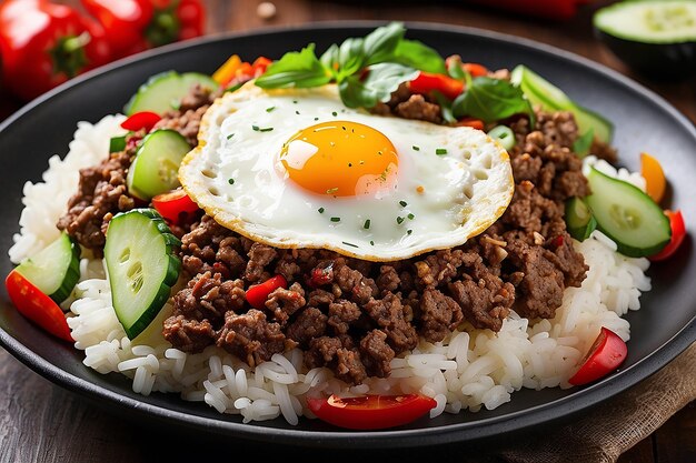 Viande hachée épicée sur le riz avec du chili frais haché sauté et de l'ail, du poivre, du basilic, des feuilles, des œufs frits et du concombre.