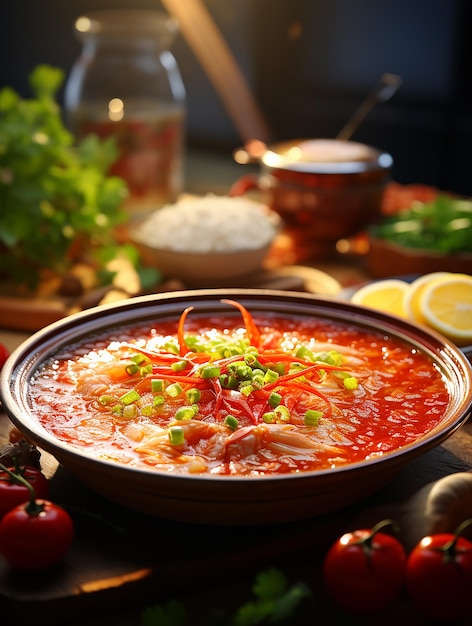 La viande hachée et la soupe riche sont réparties uniformément sur la bouteille 16